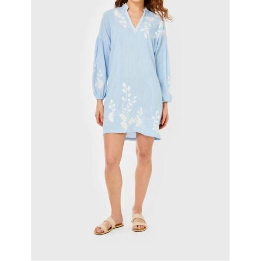 NWT Cartolina Nantucket Colette Linen Embroidered Caftan Dress Windsurfer blue